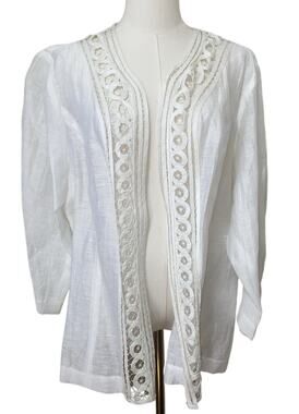 Chicos Jacket Womens 3 White Linen Blend Open Cardigan Lace Coastal